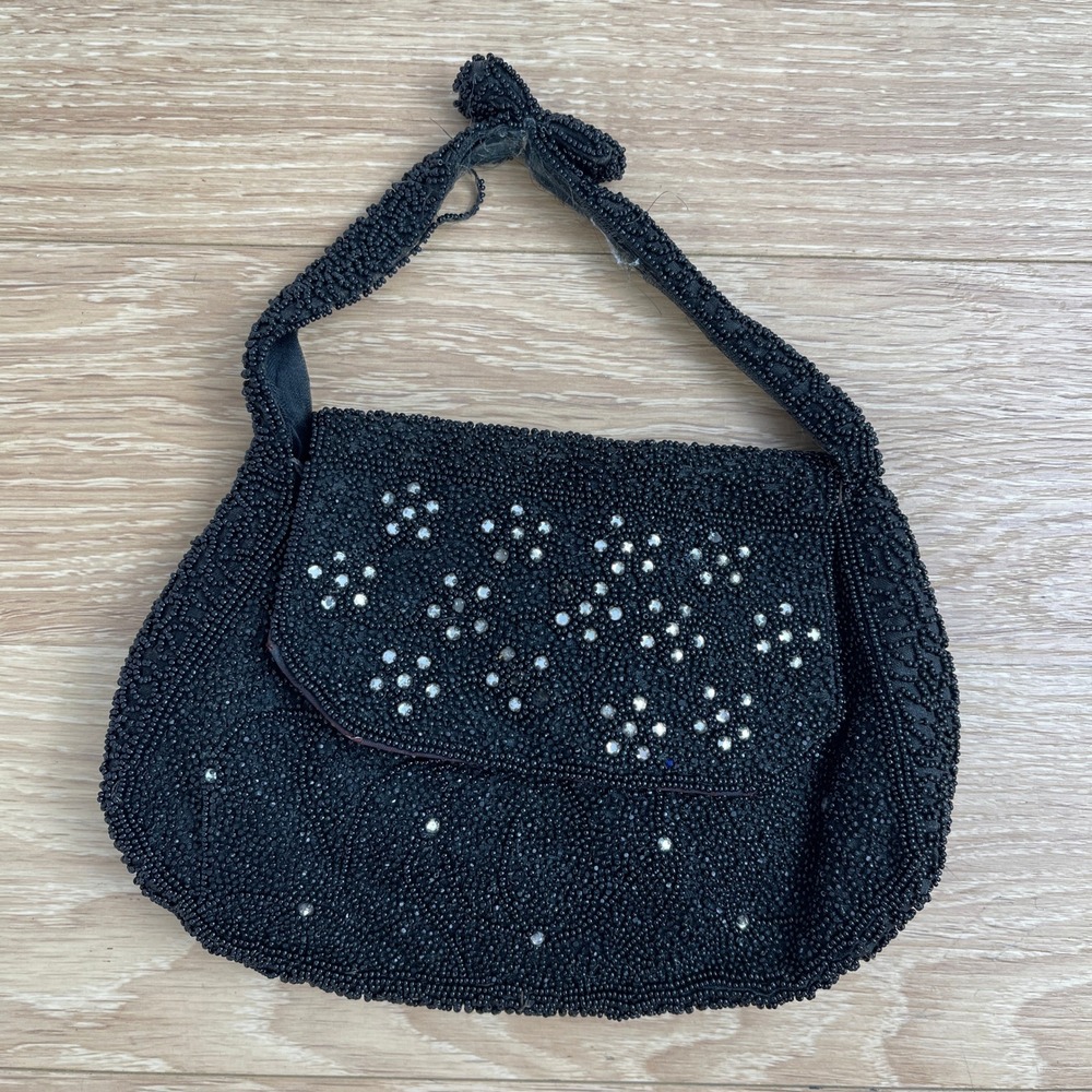 Vintage Black Beaded Evening Bag Rhinestone Floral Bow Handle Handbag 1950s